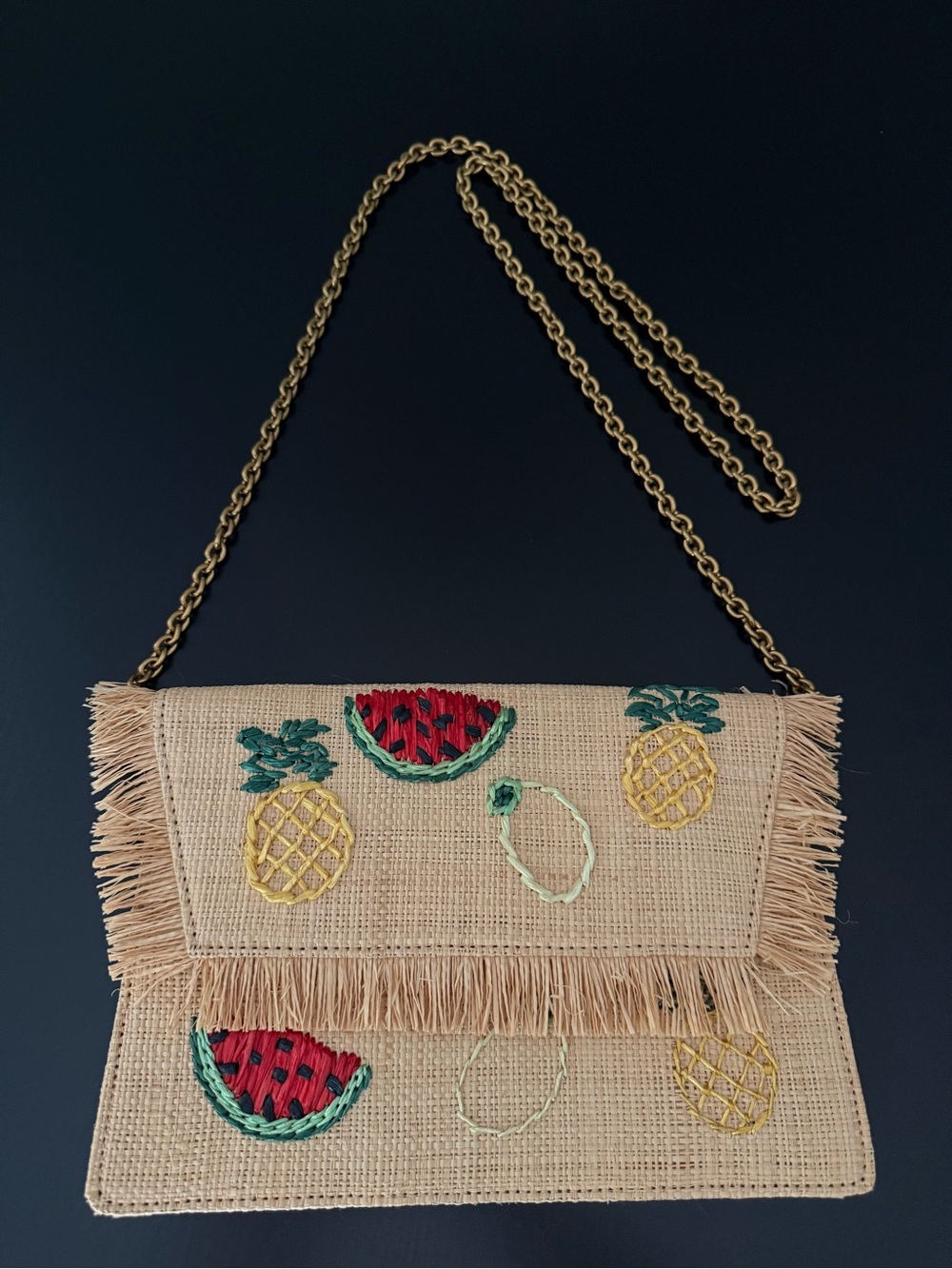 J.Crew Tutti Frutti Raffia Embroidered Fruit Clutch Crossbody Fringe Straw Bag